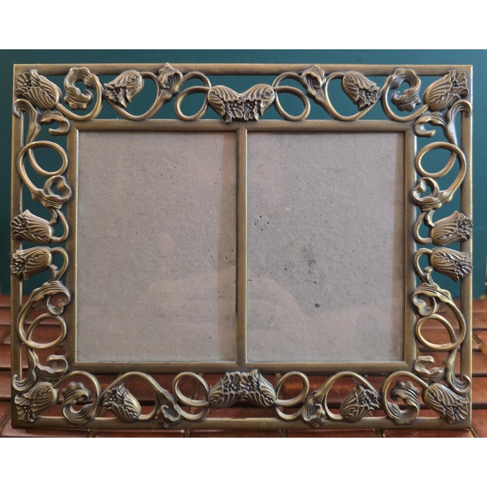 Vintage Art Nouveau Style Bronzetone Floral Dual Portrait Frame